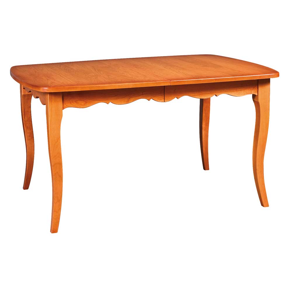 Cherry rectangular farm table with a scalloped apron and curved cabriole style legs on a white background