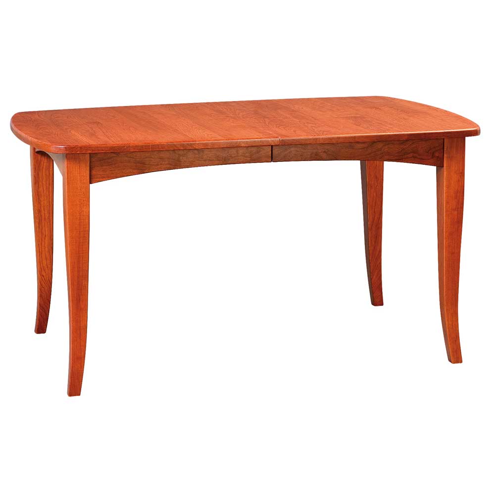 Solid cherry leg dining table with a rounded corner top, curved apron and gently flared square legs