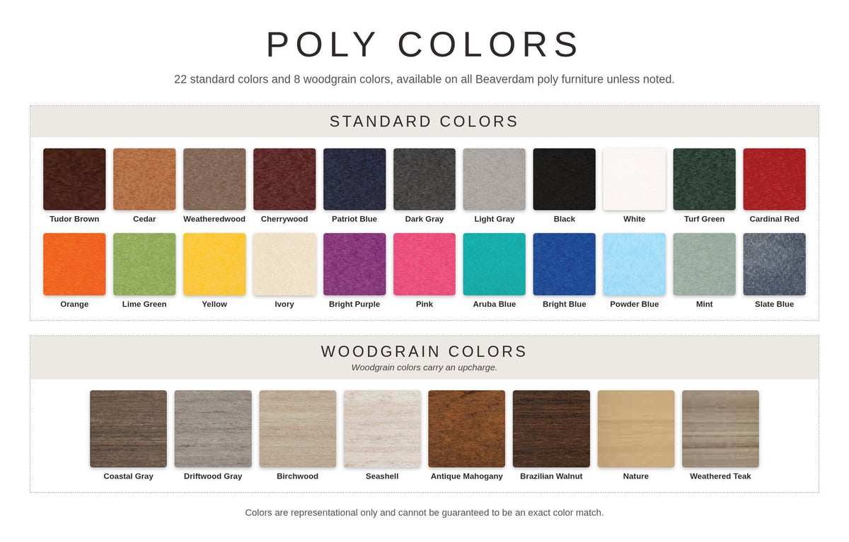 Beaverdam poly colors: 22 standard colors and 8 woodgrain colors