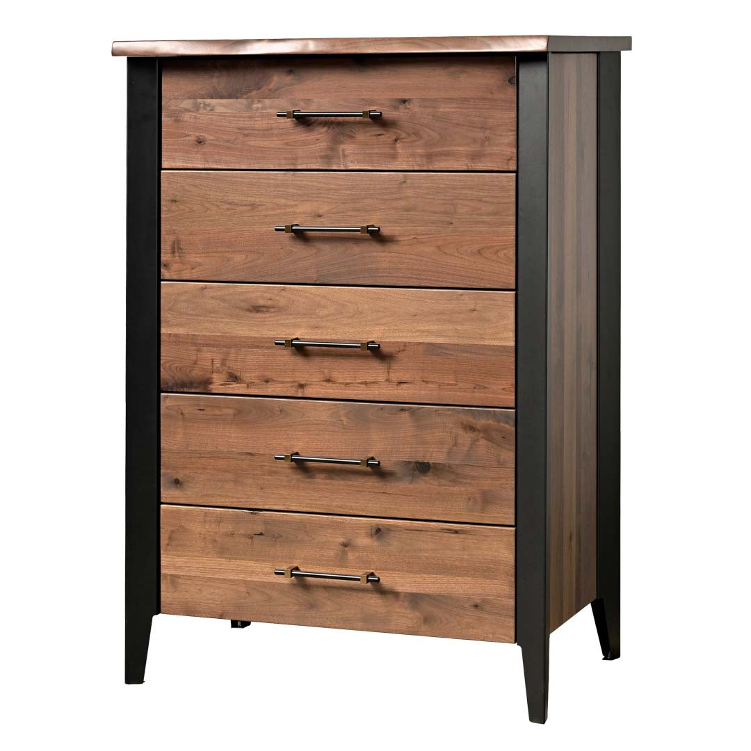 Wooden dresser with black metal handles on a white background
