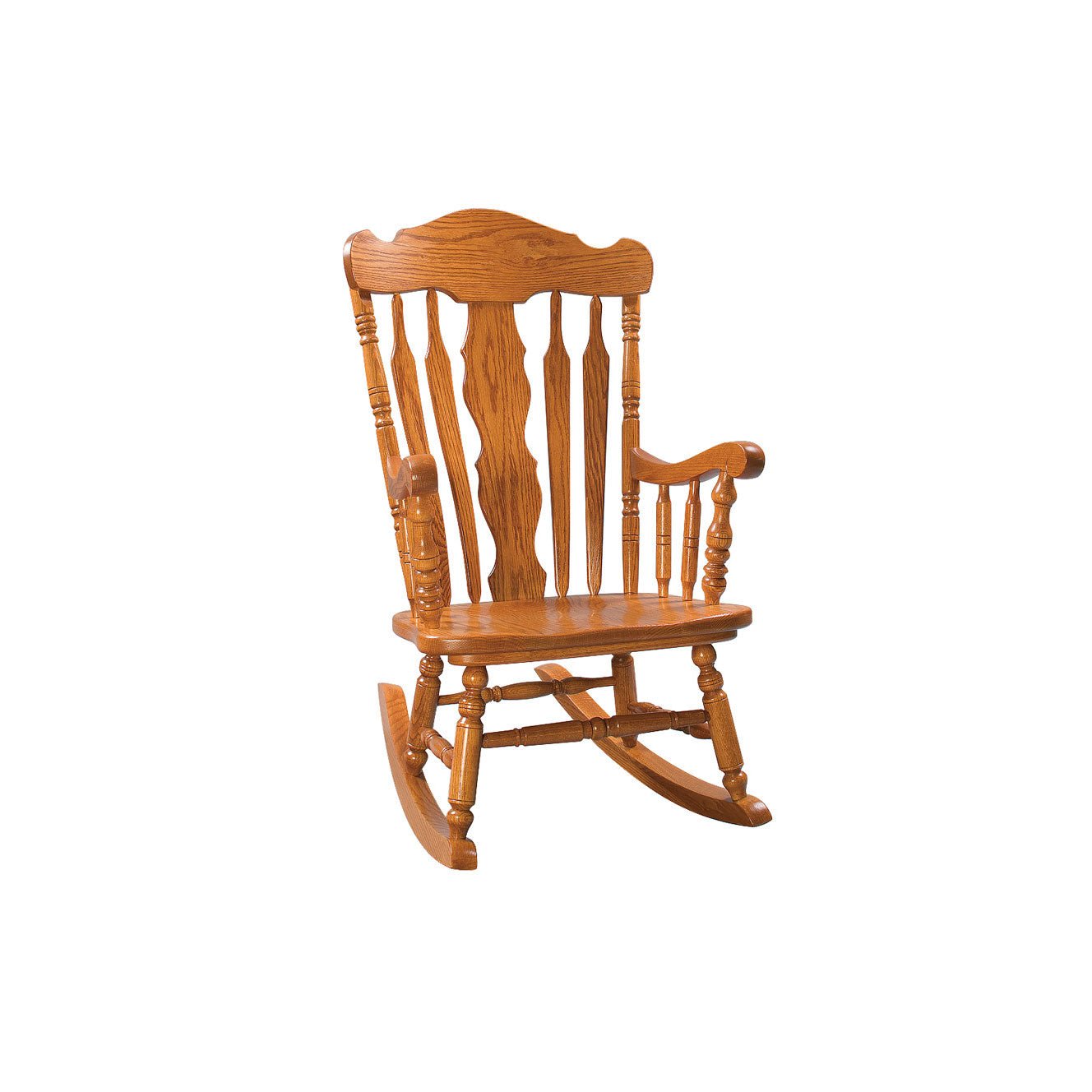 Woman rocking by a sunny farmhouse window in an oak spindle back rocking chair with turned arms and curved runners