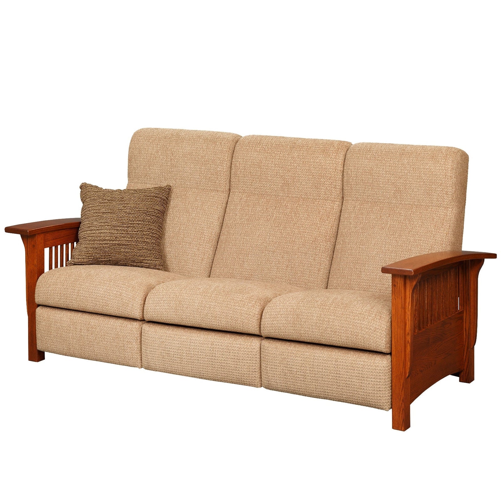 Oak reclining sofa in oatmeal tweed with slat side panels, three seats and a woven accent pillow