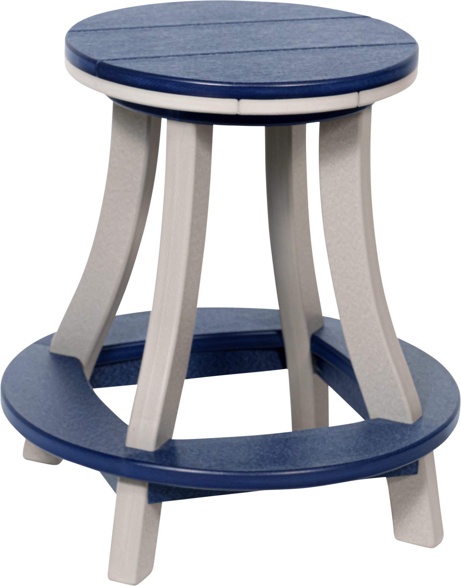 Aqua and white round poly counter stool with a swivel top, curved white legs and an aqua footrest ring