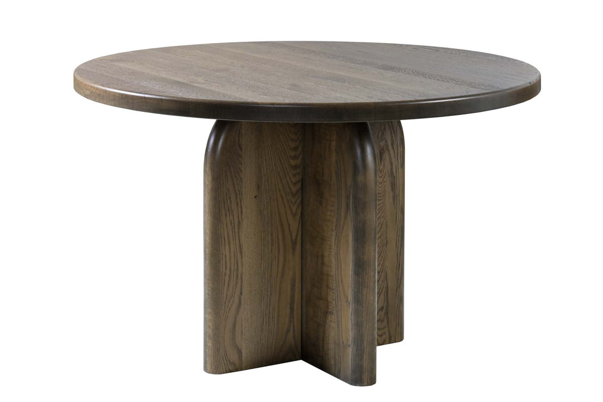 Round wooden table with a single leg on a white background