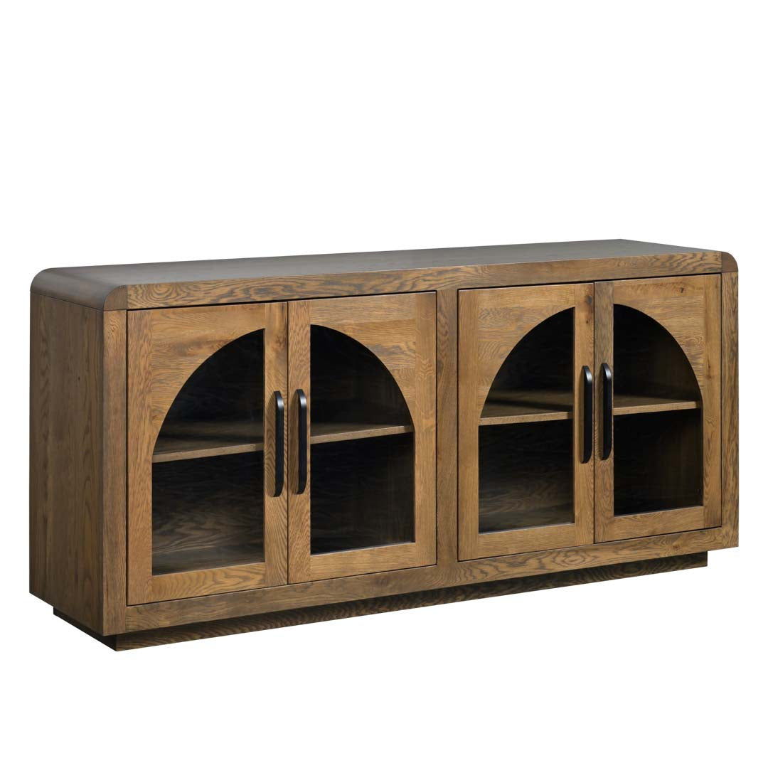 A rustic wood sideboard cabinet with four arched glass doors and dark metal handles, shown on a plain white background.