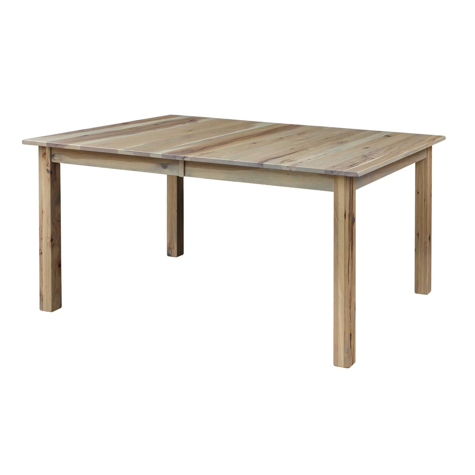 Natural finish expandable leg dining table with slat back chairs and matching bench against a white brick wall