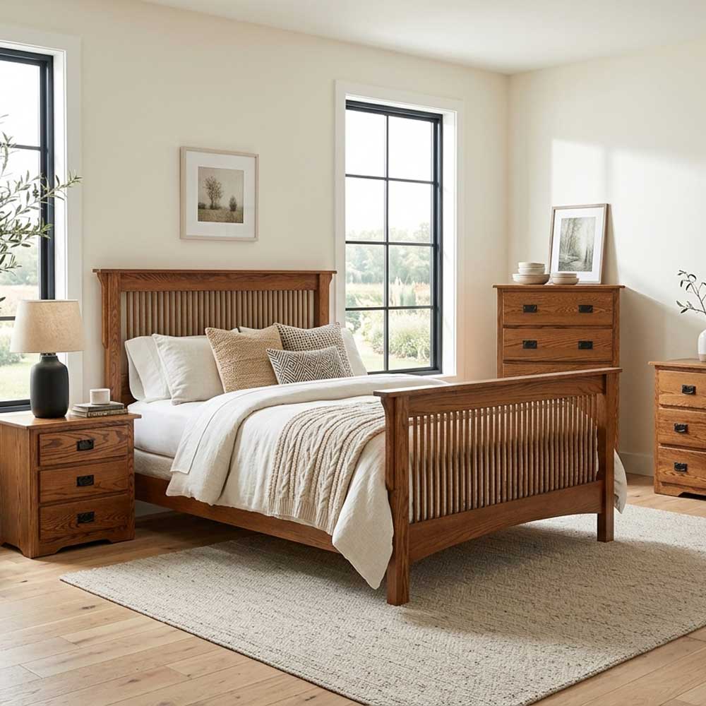 A warm medium-brown wooden bed frame with a slatted headboard and footboard, styled in a bright, modern bedroom with matching wooden nightstands, a dresser, and a neutral beige rug.
