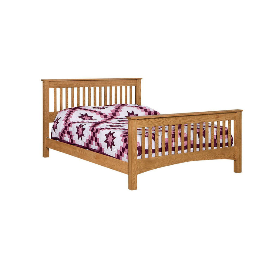 Slatted picket bed in light oak with tall vertical slats front and back, topped by a red star quilt