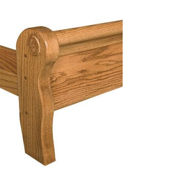 Oak footboard corner with a rolled scroll cap, small rosette carving and pegged square post