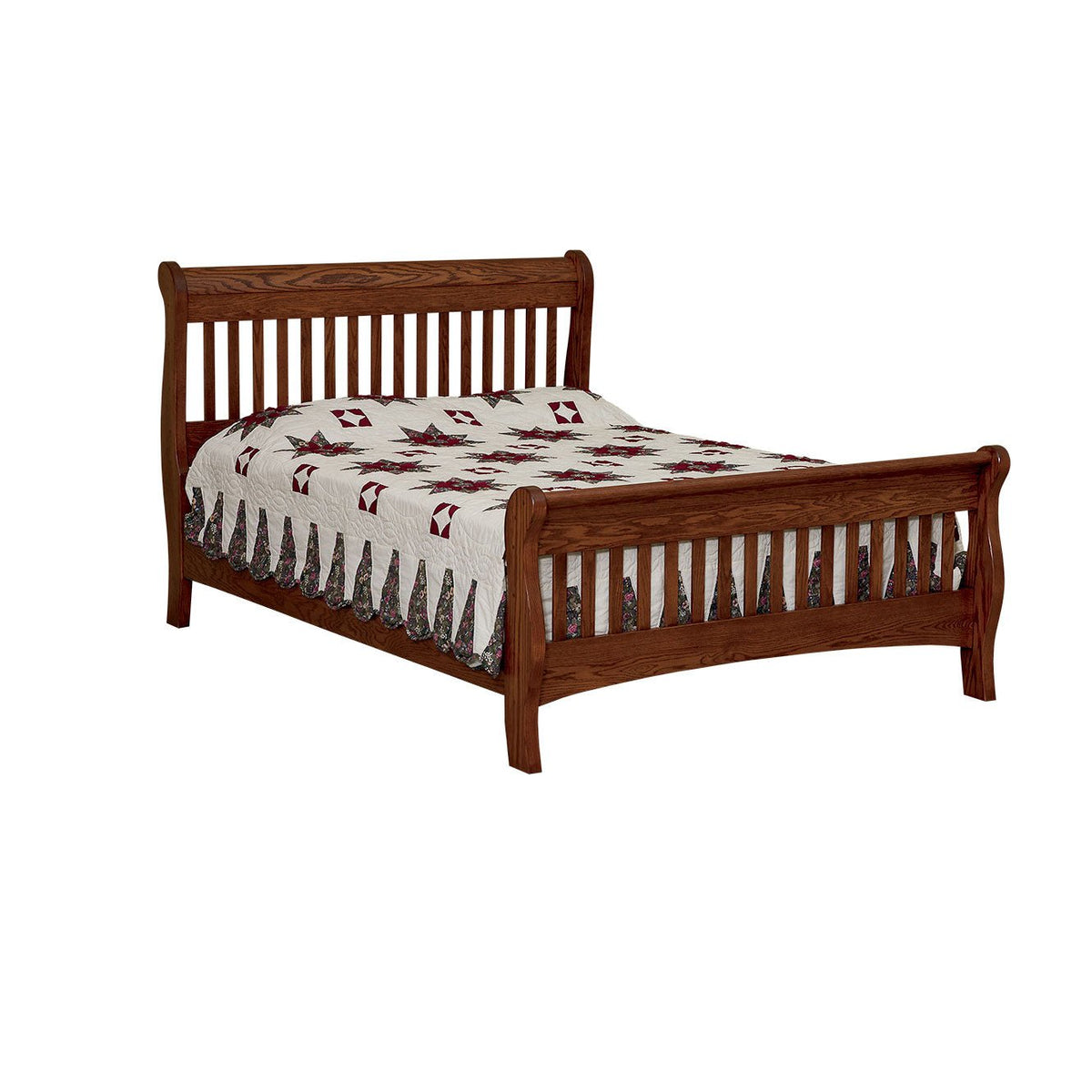 Slatted picket sleigh bed in medium oak with curved scrolled ends and vertical slats, star quilt on top