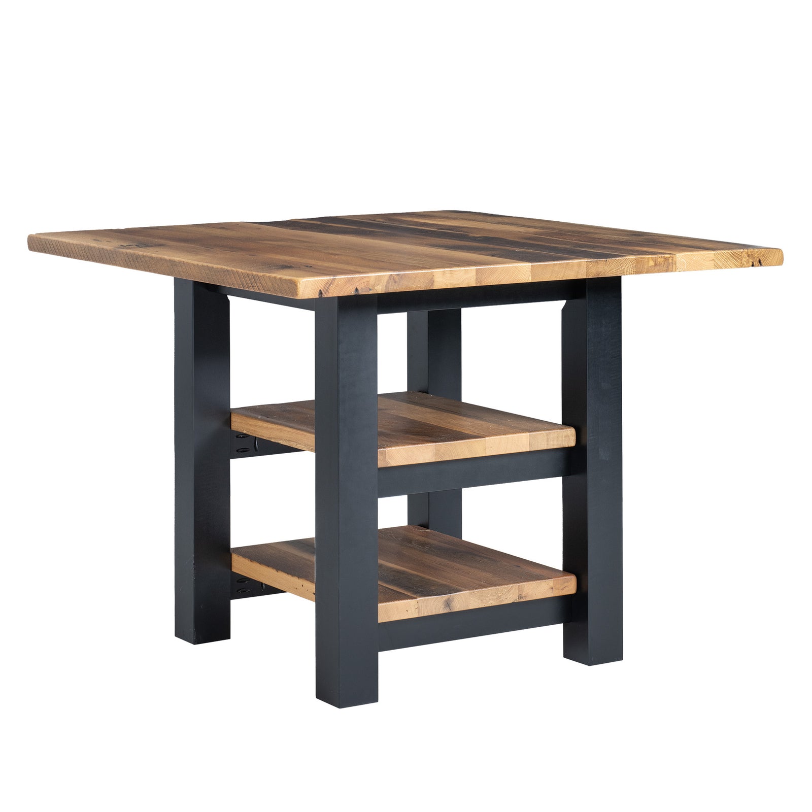 A rustic 5-piece counter height dining set featuring a rectangular wooden table with black metal legs and four matching black bar stools with wood seats, shown in a styled dining room setting.