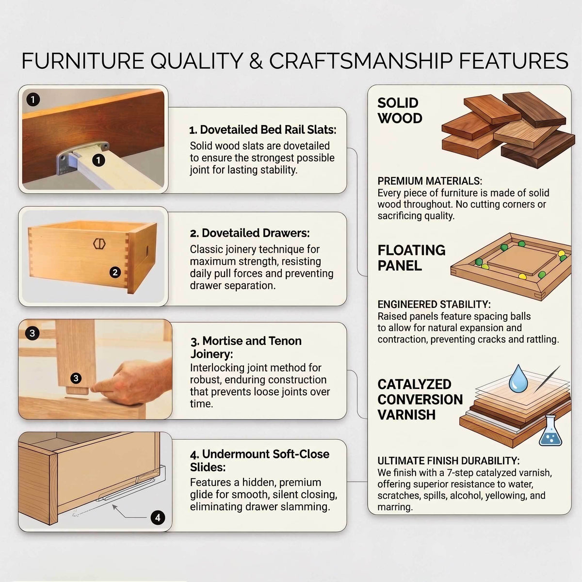 Furniture Quality & Craftsmanship Features - Solid Wood, Dovetailed Joints, Floating Panels, Catalyzed Conversion Varnish