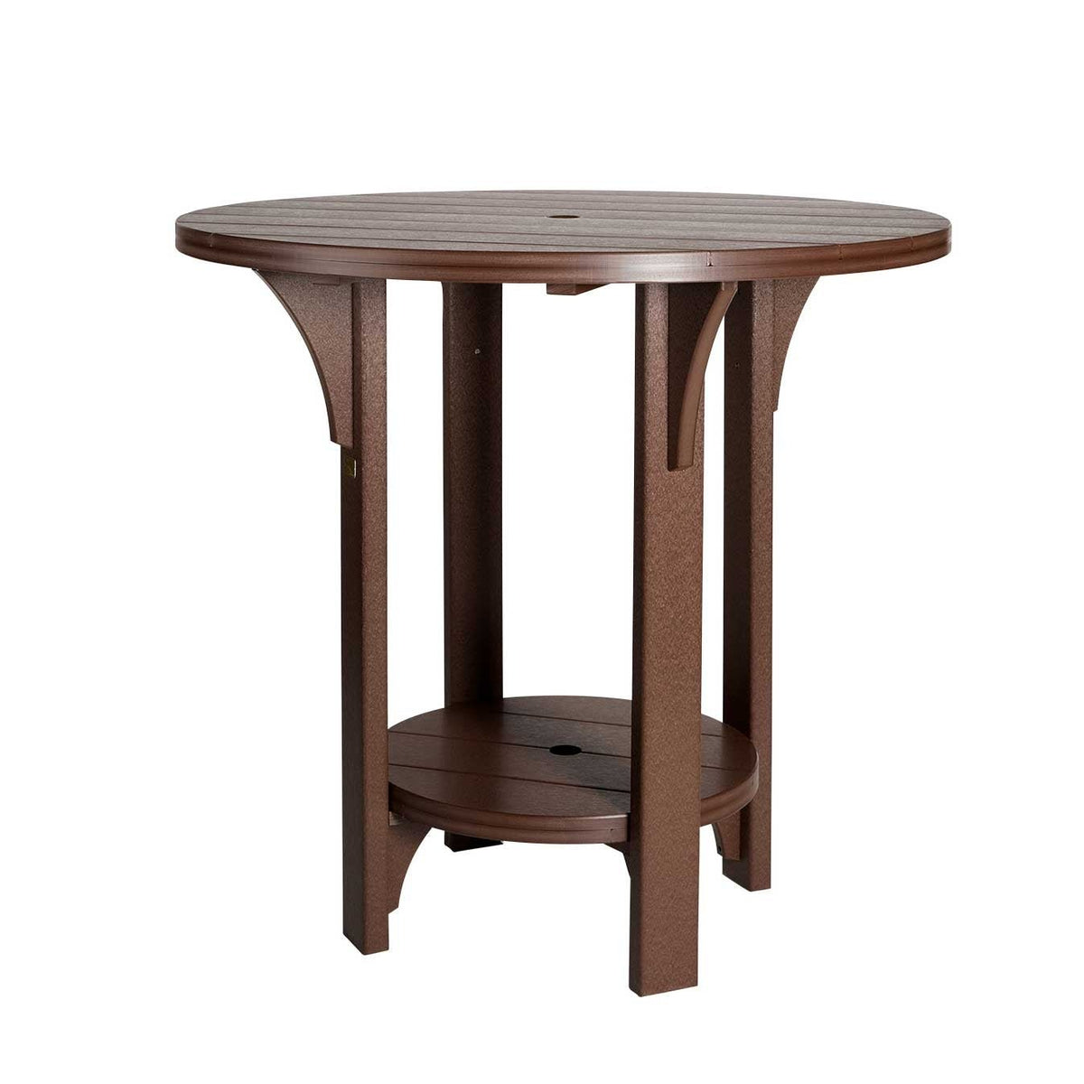 Chestnut brown poly round bar height table with a shelf, umbrella hole and corbel brackets on a white background