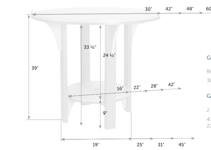 Dimension diagram of the round bar table: 39 inch height, 33.5 inch clearance and top sizes from 30 to 60 inches