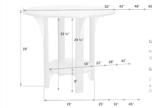 Dimension diagram of the round bar table: 39 inch height, 33.5 inch clearance and top sizes from 30 to 60 inches