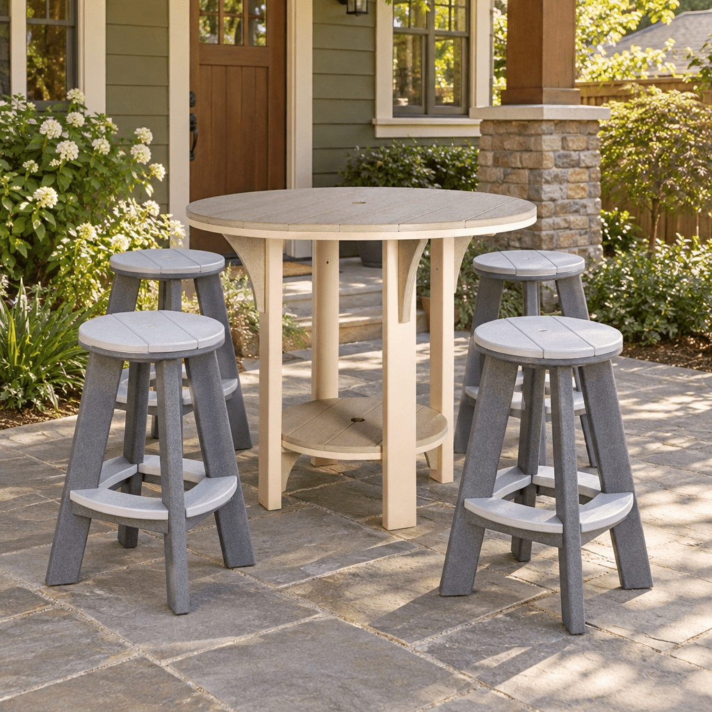 Great Bay Amish Poly Patio Round Counter Height Table shown in the back patio of a craftsman bungalow home