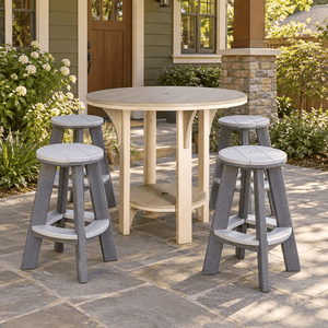 Great Bay Amish Poly Patio Round Counter Height Table shown in the back patio of a craftsman bungalow home