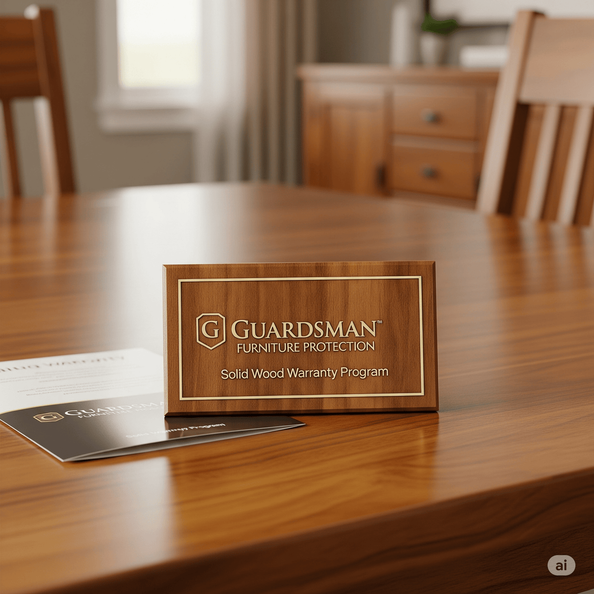 Wood furniture protection plan plaque and brochure displayed on a polished dining table in a dining room