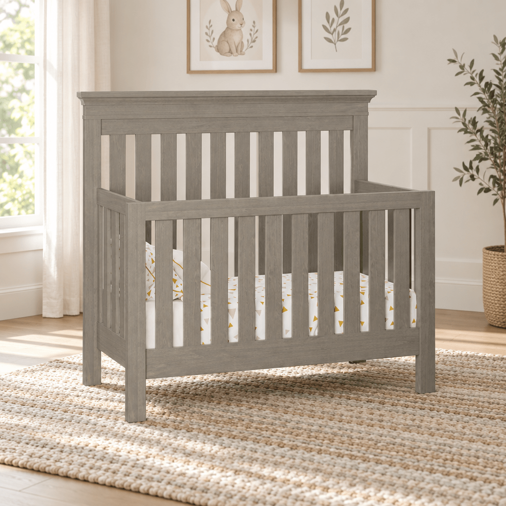 Haven Slat Amish 4 in 1 Convertible Baby Crib shown in the nursery of a transitional home