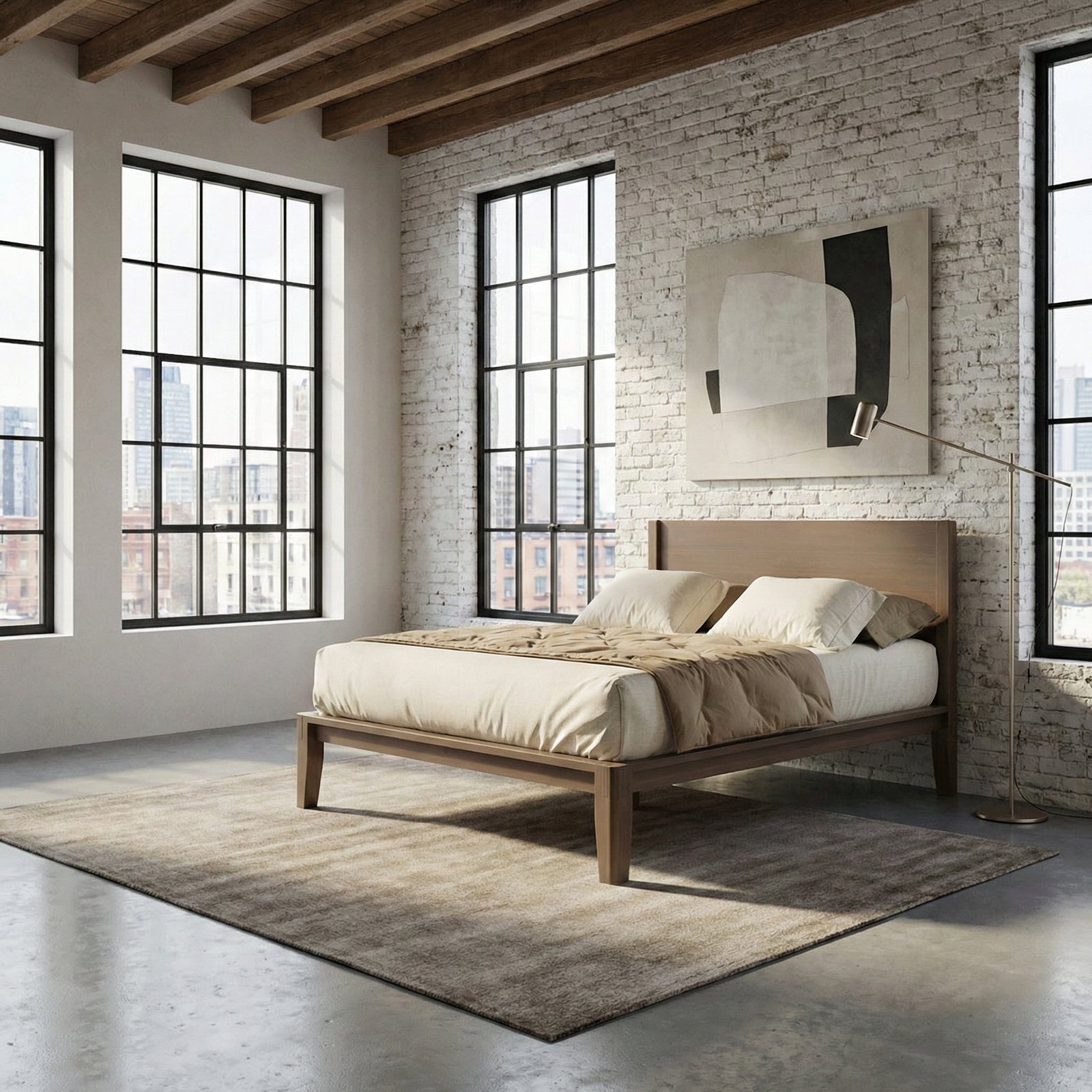 Solid wood platform bed with a flat panel headboard in a warm walnut finish, styled with linen bedding in a brick loft bedroom