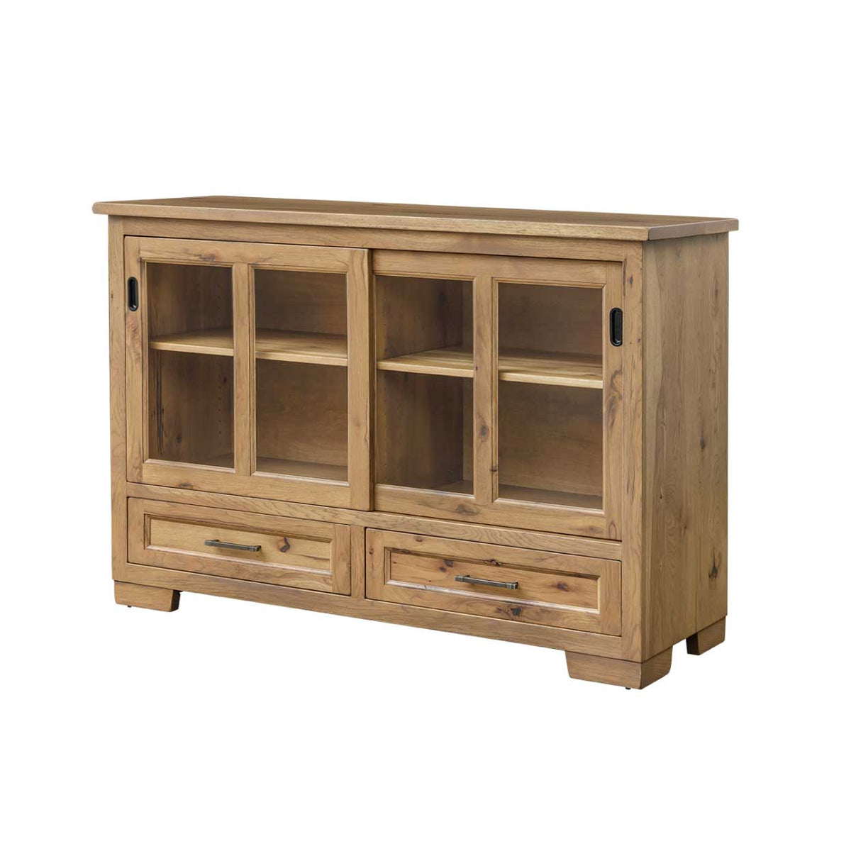 Natural oak sliding glass door server with two shelved glass compartments and two drawers with iron bar pulls