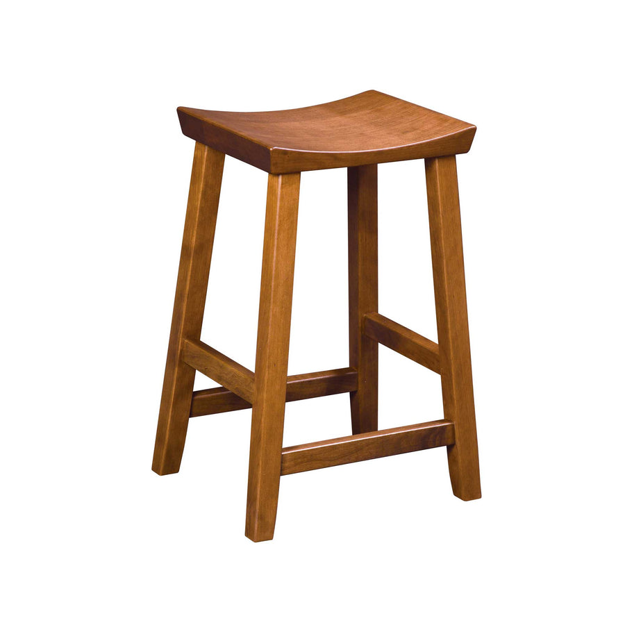 Solid wood saddle seat bar stool in a medium oak finish with splayed legs and cross footrails on a white background