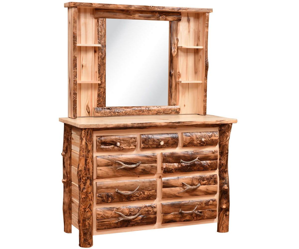 Amish Bighorn Aspen Log 5pc Bedroom Set — Amish Bighorn Aspen Log Deluxe Dresser Mirror