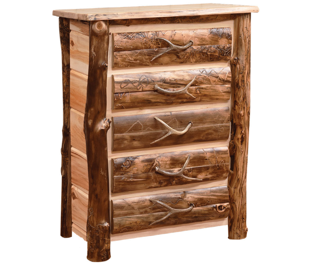 Amish Bighorn Aspen Log 6 Drawer Chest — representative collection photo (5-drawer shown; 6-drawer adds one drawer, 56"H)