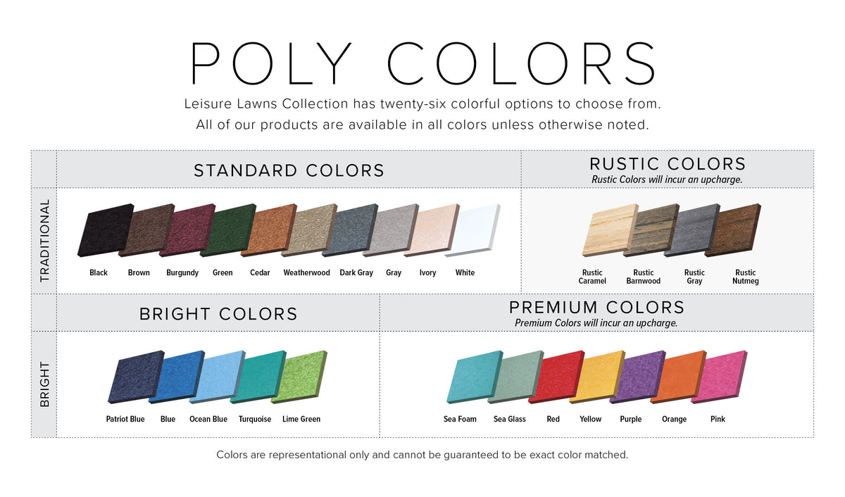 Leisure Lawns poly colors: 10 standard, 5 bright, 4 rustic and 7 premium colors