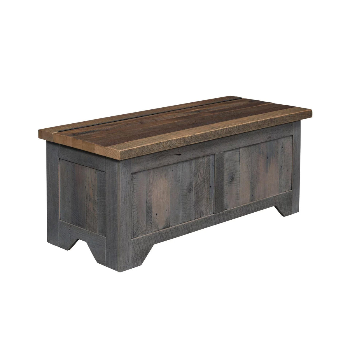 Wooden storage bench with a dark brown top and gray base on a white background