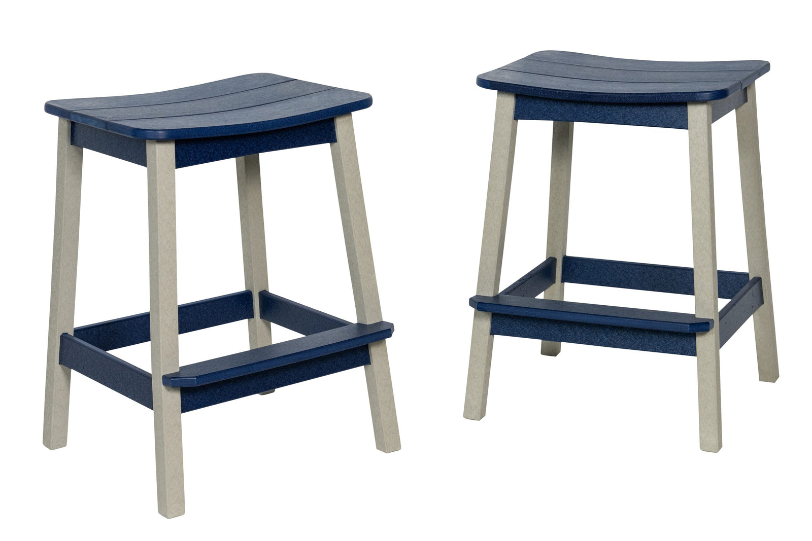 Pair of navy and gray backless saddle seat poly stools with angled legs and footrest rails