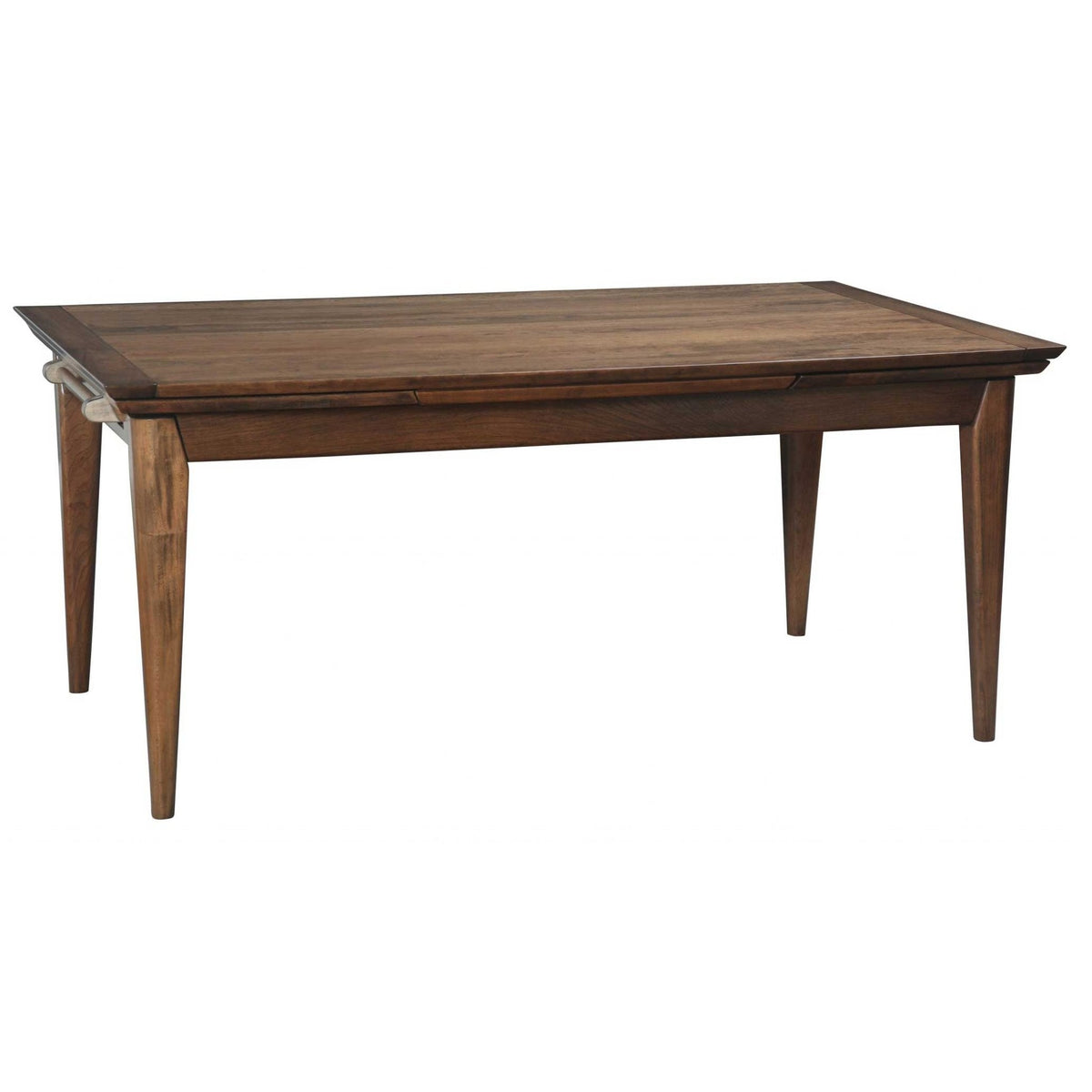 Mid-century modern walnut draw leaf dining table with tapered legs and hidden leaves stored under the top