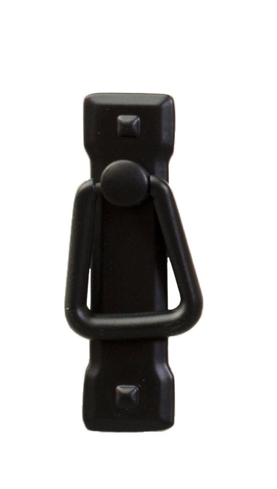Slim vertical Mission door pull in black with a triangular bail handle on a white background
