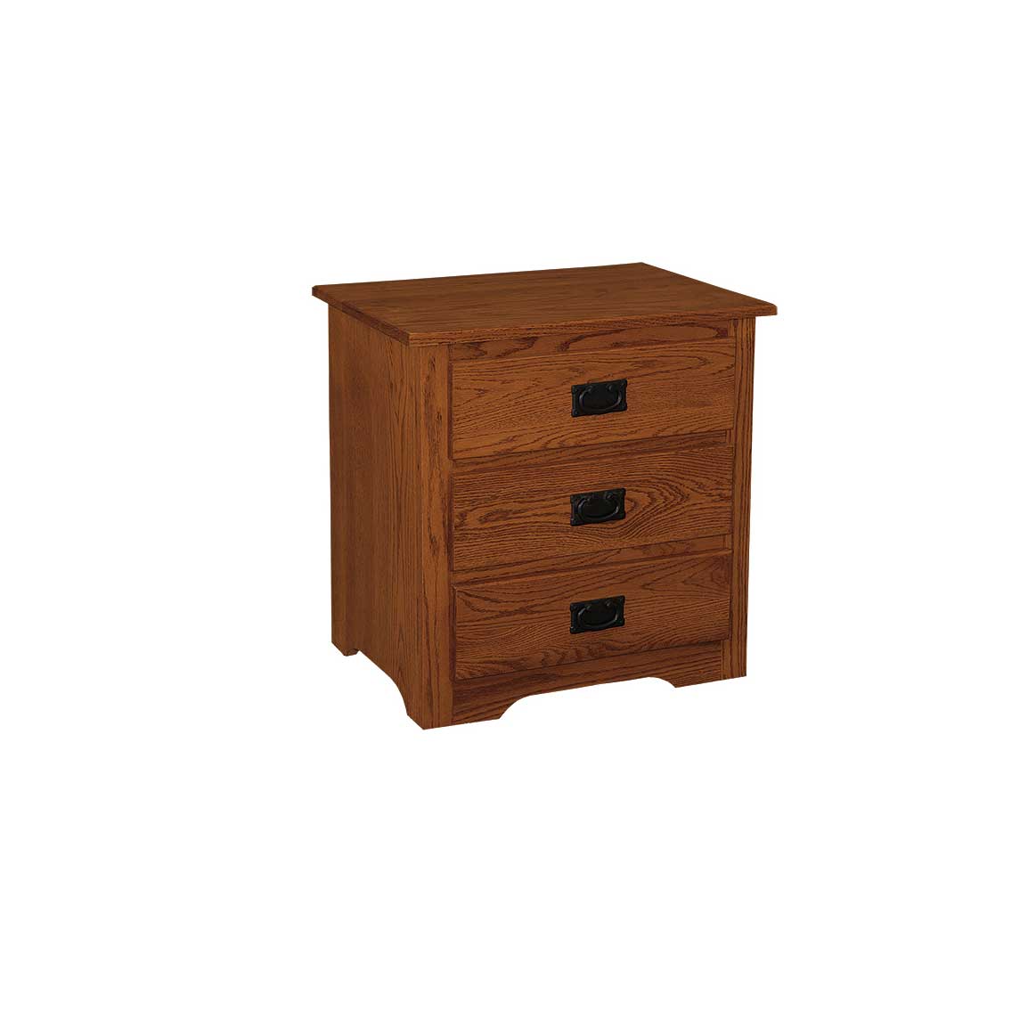 Oak three drawer Mission nightstand with a lamp beside a slatted Mission bed in a tan bedroom