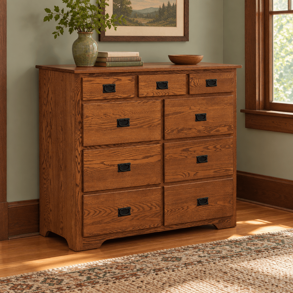 Mission Amish Solid Wood 54" 9 Drawer Mule Chest shown in the bedroom of a craftsman bungalow home