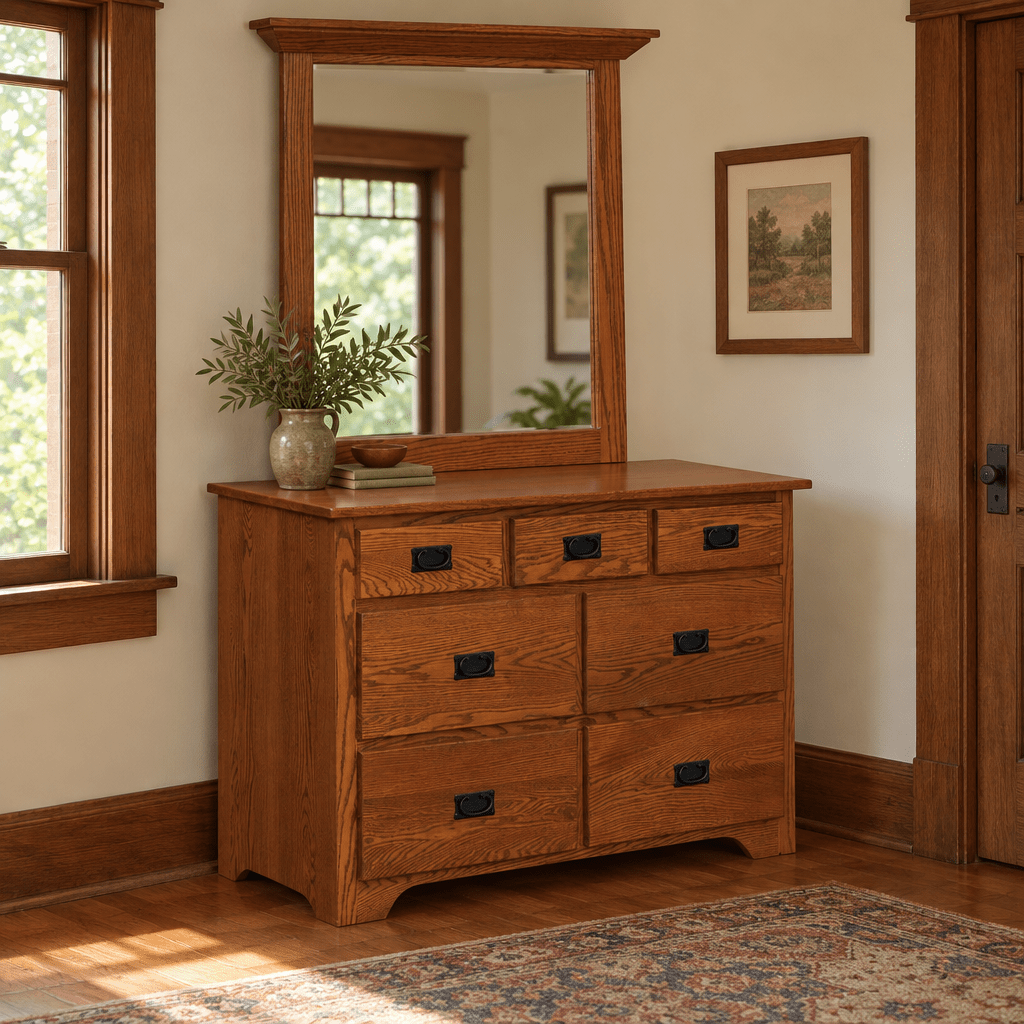 Mission Amish Solid Wood 7-Drawer 48" Dresser shown in the bedroom of a craftsman bungalow home