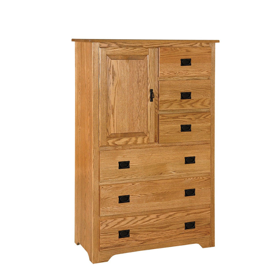 Oak gentleman's chest with a tall paneled door beside three drawers and three full width drawers below