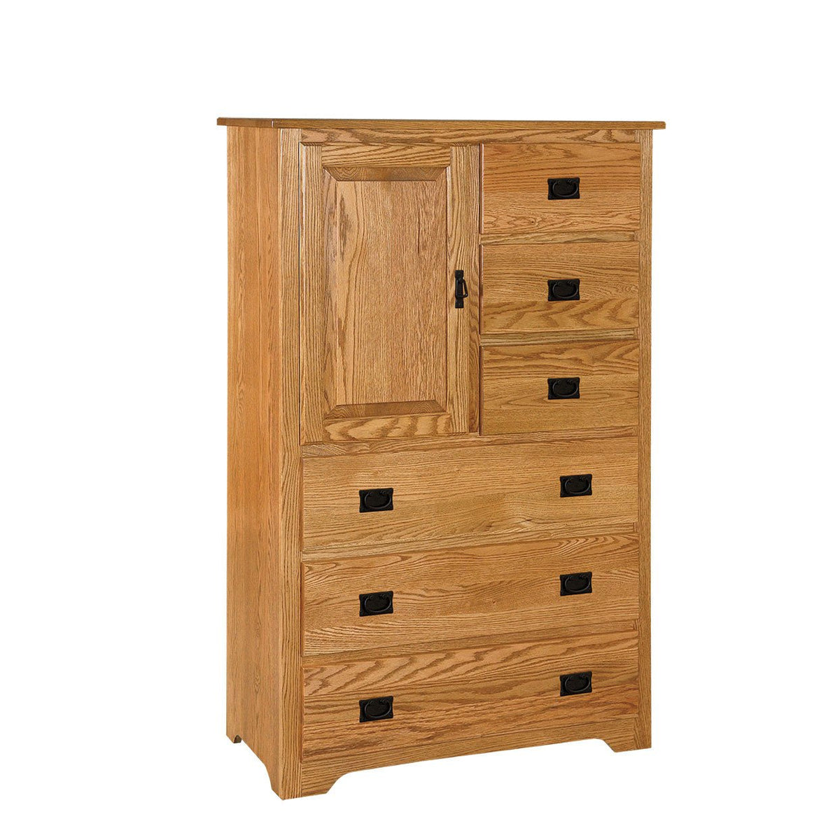 Oak gentleman's chest with a tall paneled door beside three drawers and three full width drawers below