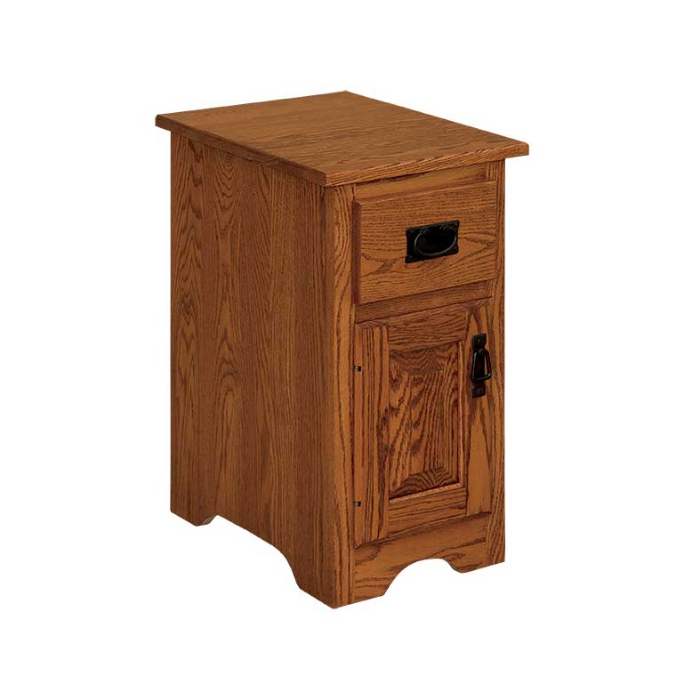 Narrow oak nightstand with one drawer above a raised panel door, black pulls and a scalloped skirt