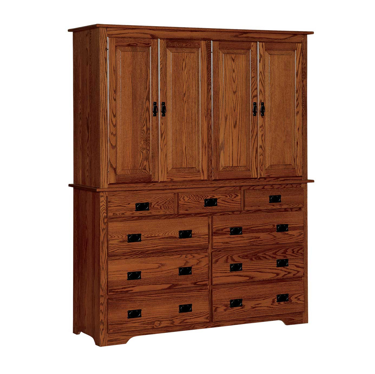 Tall Mission oak mule chest with four paneled upper doors above eleven drawers and black bail pulls