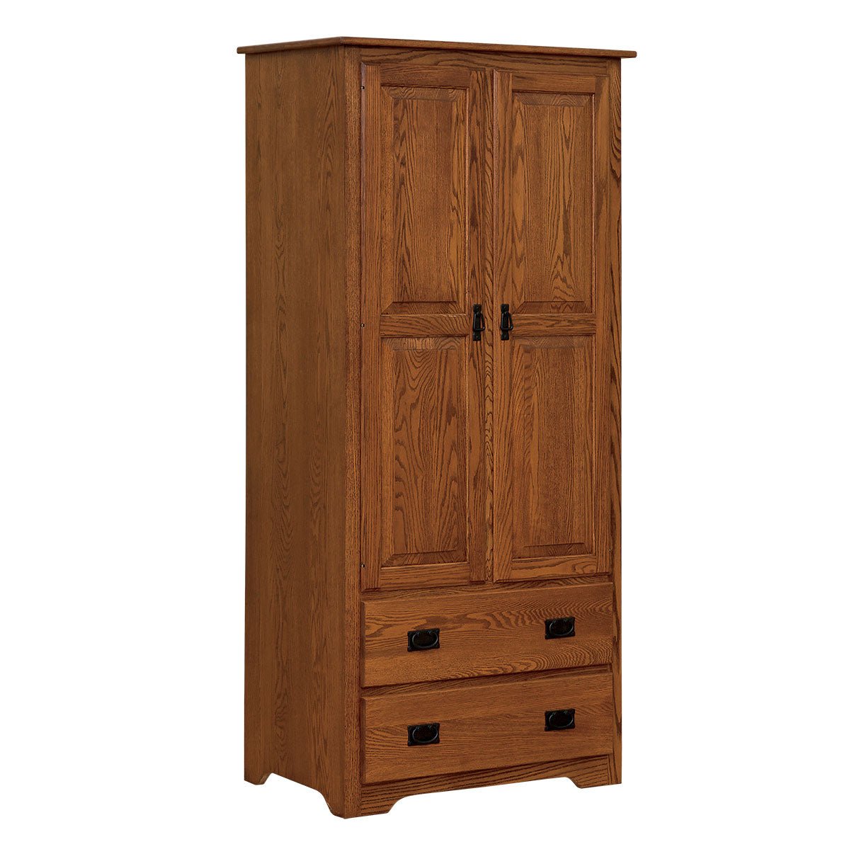 Mission oak wardrobe with two tall raised panel doors above two wide drawers and a curved base