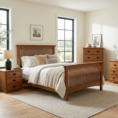 A warm medium-brown wooden bed frame with a slatted headboard and footboard, styled in a bright, modern bedroom with matching wooden nightstands, a dresser, and a neutral beige rug.