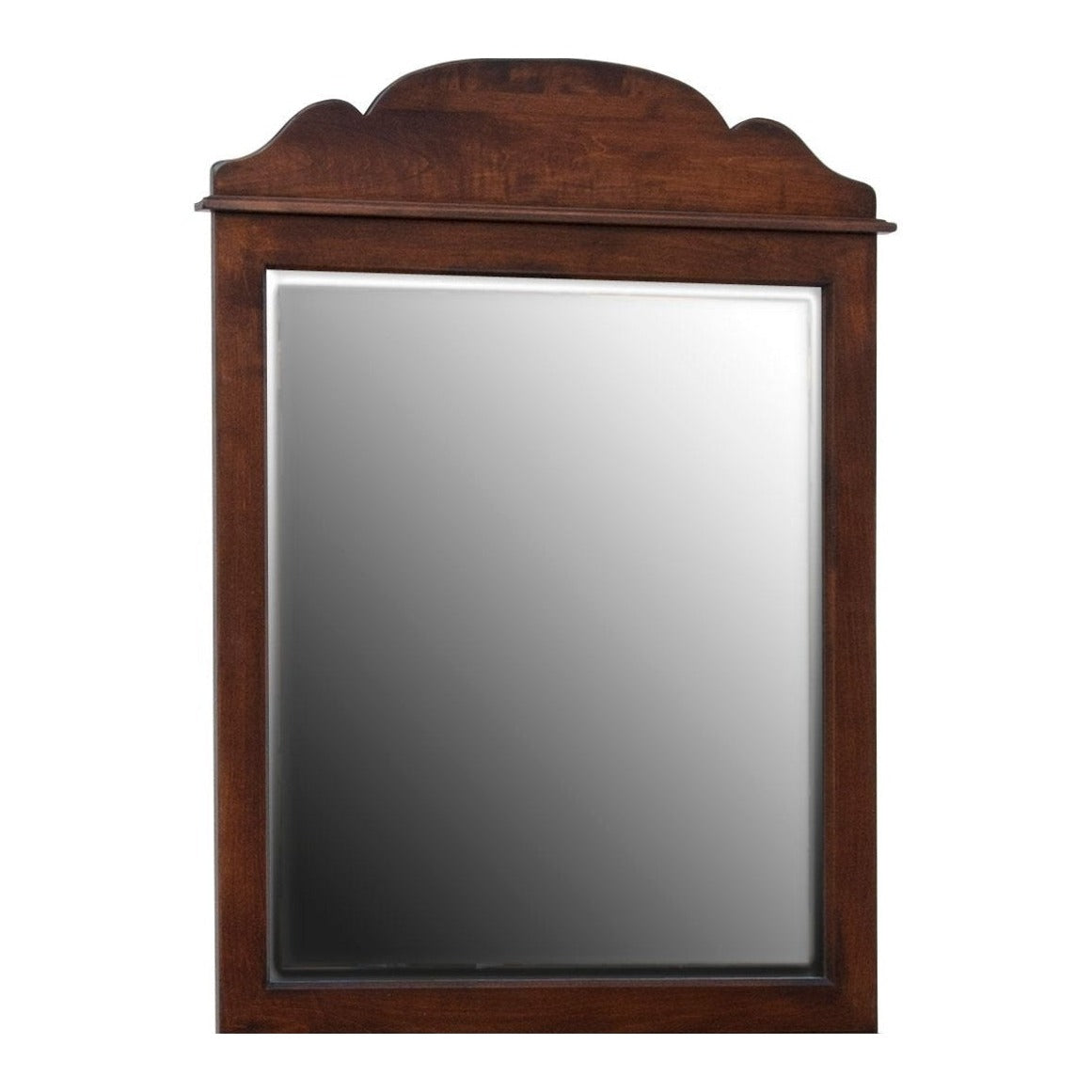 New Amsterdam scroll mirror in dark cherry with a scalloped crest above beveled glass