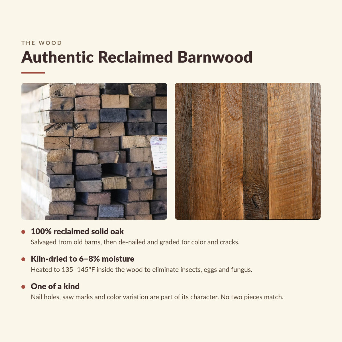 Reclaimed oak barnwood: salvaged barn timbers and a rough-sawn barnwood surface close-up