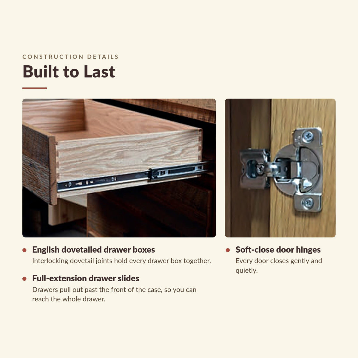 Construction details: dovetailed drawer on full-extension slides and soft-close door hinge