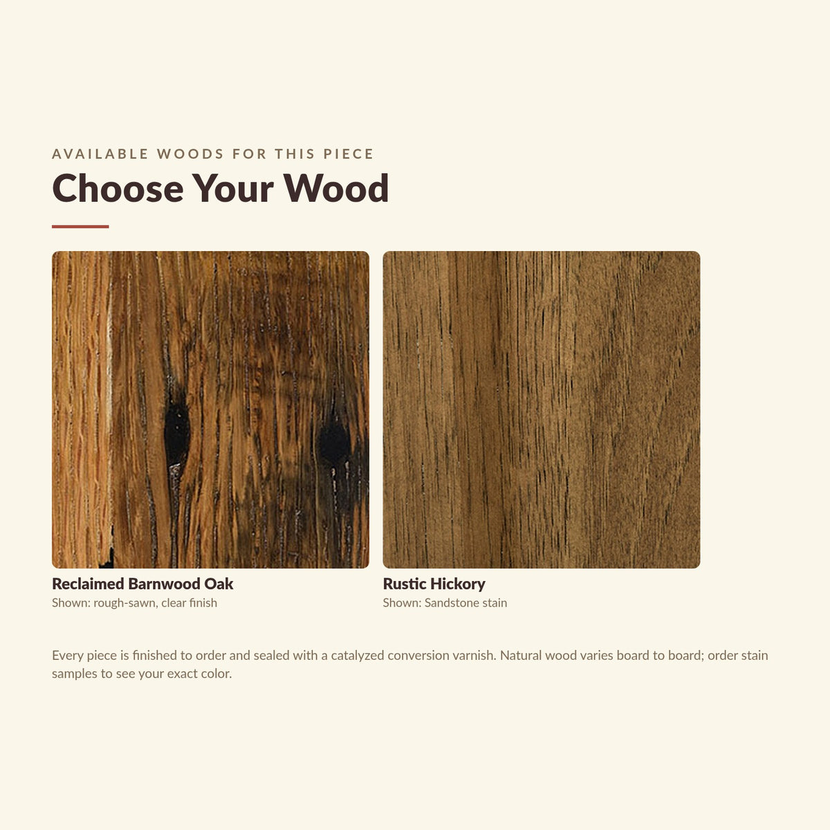 Available wood species close-up: reclaimed barnwood oak, rustic hickory