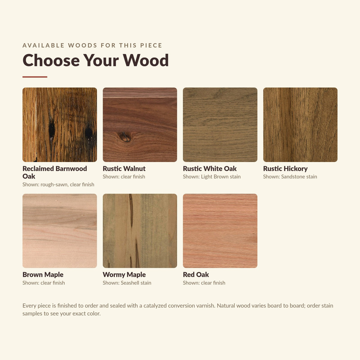 Available wood species close-up: reclaimed barnwood oak, rustic walnut, rustic white oak, rustic hickory, brown maple, wormy maple, red oak