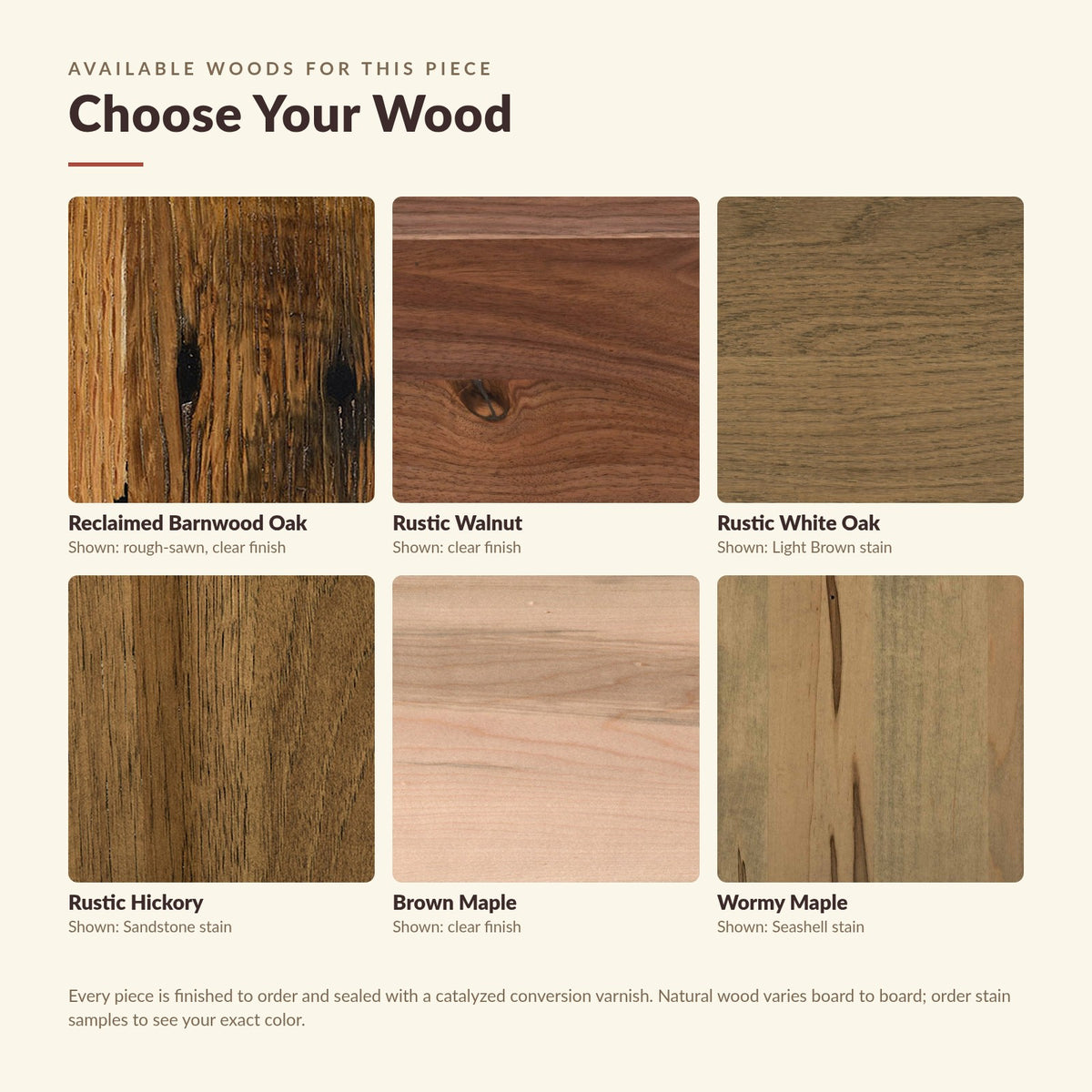Available wood species close-up: reclaimed barnwood oak, rustic walnut, rustic white oak, rustic hickory, brown maple, wormy maple