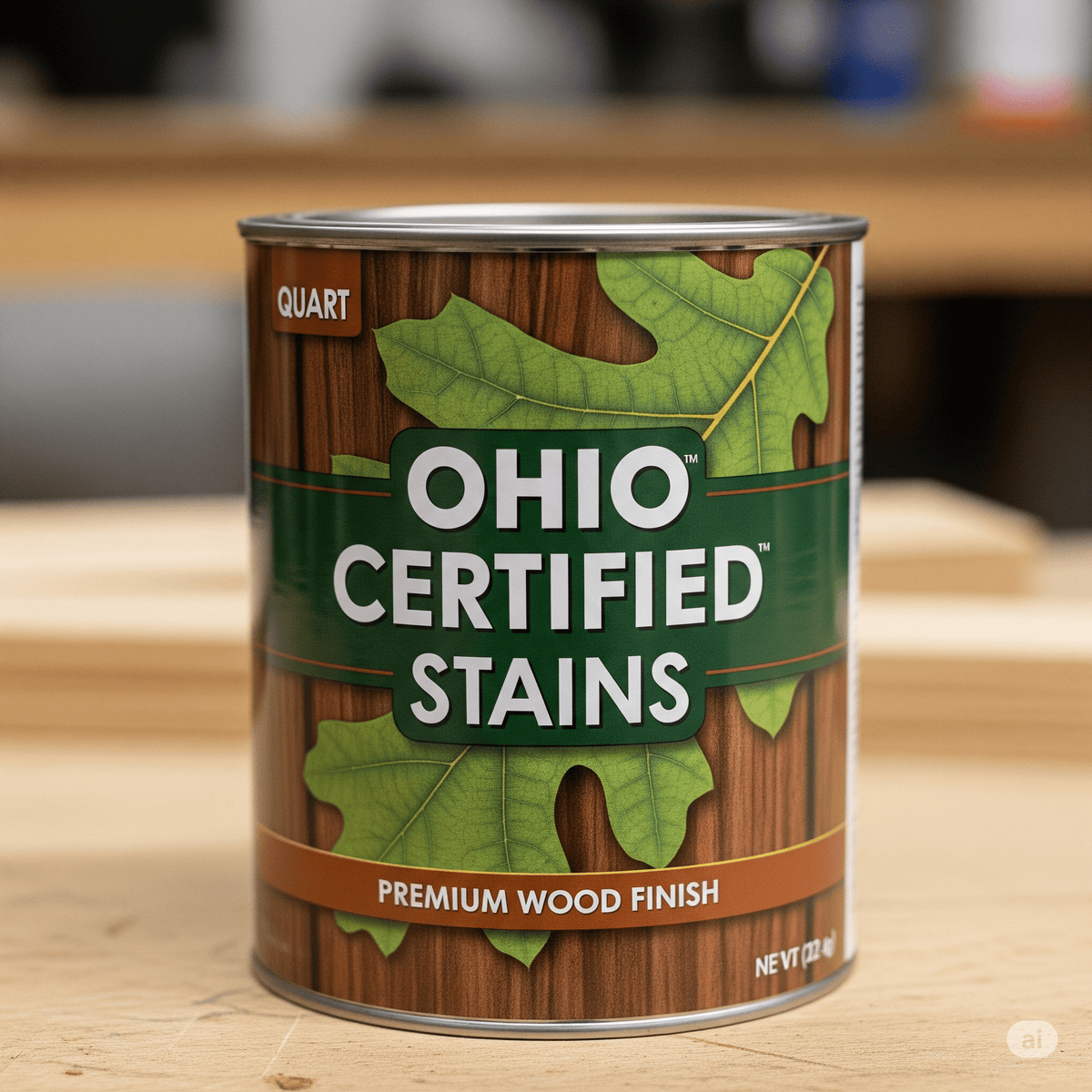 Quart can of Ohio Certified Stains premium wood finish with green oak leaf label sitting on a workshop bench
