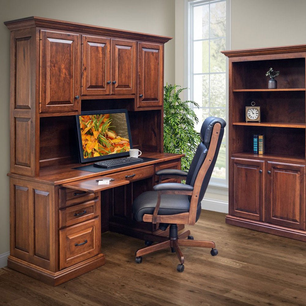 Amish Newburg Traditional Solid Wood Kneehole Desk with 4-Door Hutch